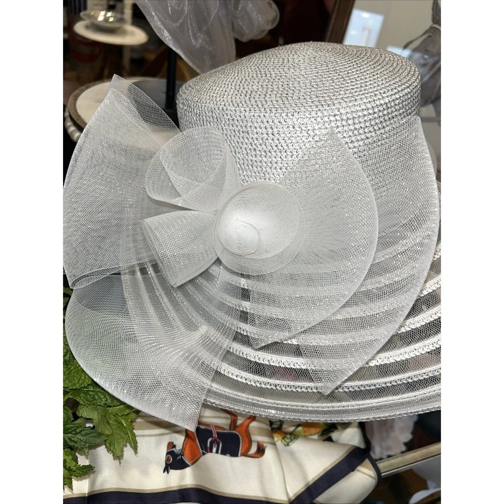 Fine Millinery By August Women's Derby Church Hat Gray Silver Wide Band Sparkle